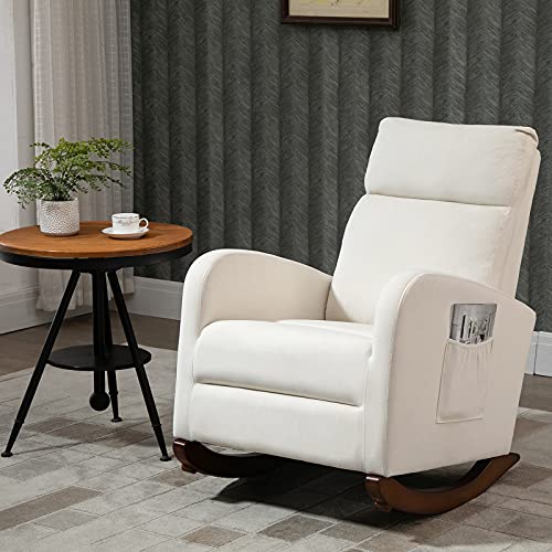 Image of AVAWING Home Rocking Chair, Mid Century Glider Chair Upholstered Frosted Velvet High Back Arm Chair Nursery Rocking Chairs with Solid Legs and Side Pockets (Beige)