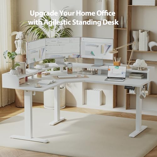 Image of Agilestic L Shaped Standing Desk, Adjustable Height Corner Gaming Desk with Shelf, Sit Stand Up Desk, 63 x 55 Inch Home Office Computer Table, White