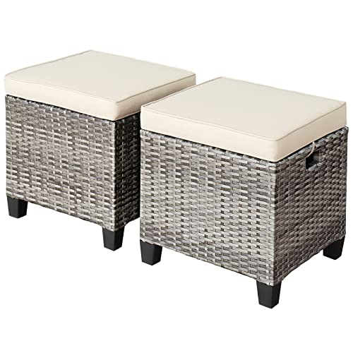 2PCS Outdoor Mixed Grey PE Rattan Ottoman Removable And Soft Seat Beige Cushion Anti-Slip Foot Pads Serves As Footstools Side Table Additional Seats Suitable For Patio Garden Backyard Poolside Use