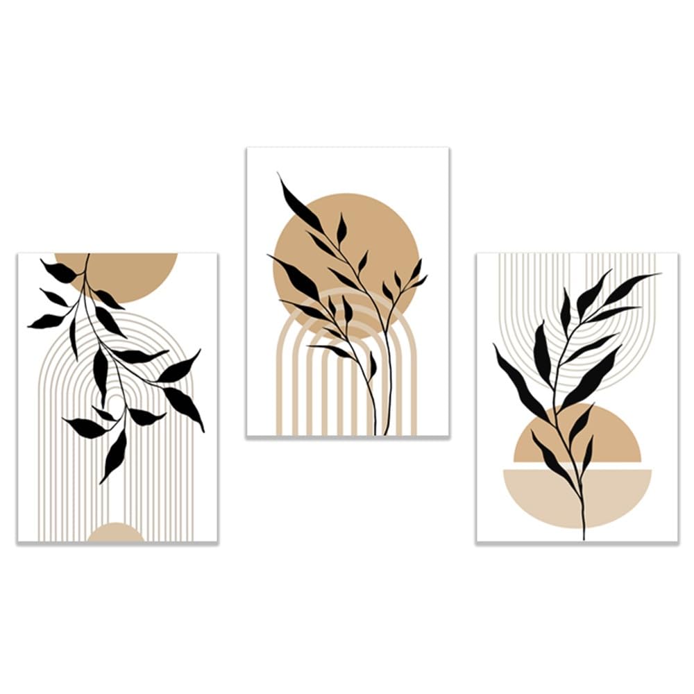 SOBMQ Poster-Abstract Orange Boho Leaves Canvas Painting Lines Geometric Shapes Posters Art Pictures Modern Living Room Wall Home Decoration-60 * 70cm-3PCS (No Frame)