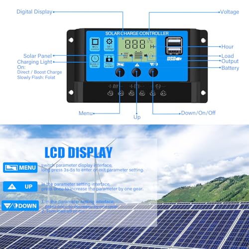 Image of 30A PWM Solar Charge Controller, 12V 24V Dual USB Solar Panel Battery Intelligent Regulator with LCD Display, Auto Parameter Adjustable, Timer Setting, Multiple Load Control Modes