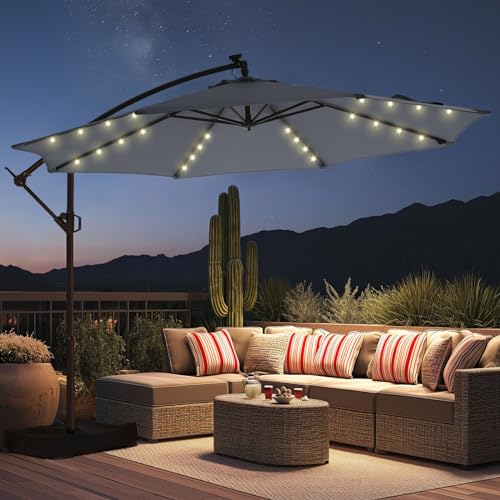 HOMSHADE 10ft Solar Lights Offset Cantilever Patio Umbrella - wtih Light and Base, LED Lighted Offset Hanging Patio Outdoor Market Umbrella UPF50+ UV Protection with Easy Tilt and Crank (Grey)