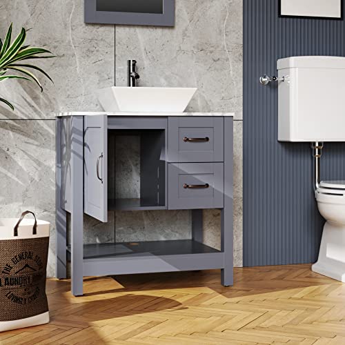 30\" Gray Bathroom Vanity and Sink Combo Marble Pattern Top w/Mirror Faucet&Drain - Thumbnail 3