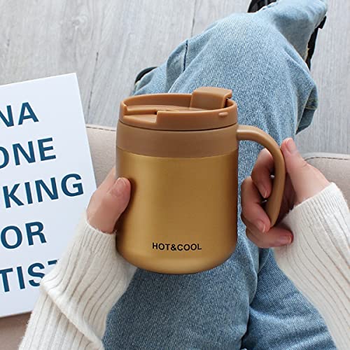 Image of Mockery Stainless Steel 350ml Coffee Cup, Thermal Mug, Vacuum Insulated, Tea Cup, Cup with Handle and Lid for Office Desk Work (Gold)