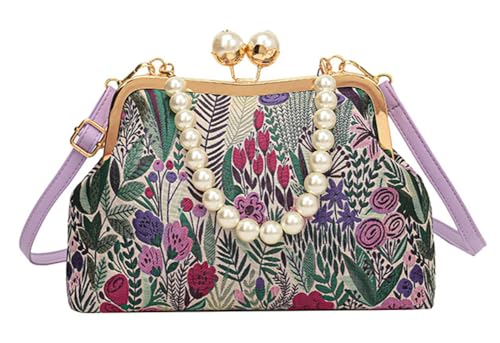 Vintage Embroidered Flower Handbag Retro Pearl Chain Crossbody Bag Clutch Kiss Lock Top Handle Shoulder Purse Wallet 2025