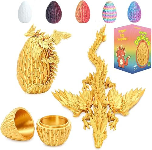 Shangkanlan 3D Printed Dragon in Egg - Fully Articulated Crystal Figurine for Christmas Easter Birthdays Executive Desk Decor (Golden)