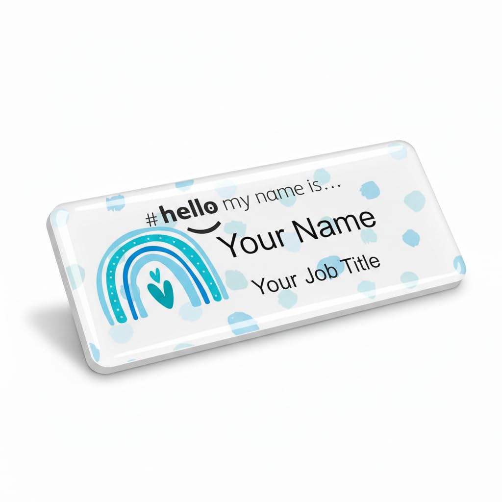 Badgemaster Resin Finish Hello My Name Is Personalised Nurse Midwife Hospital NHS Practitioner Nursery Preschool Rainbow Blue Polka Dots Name Badge