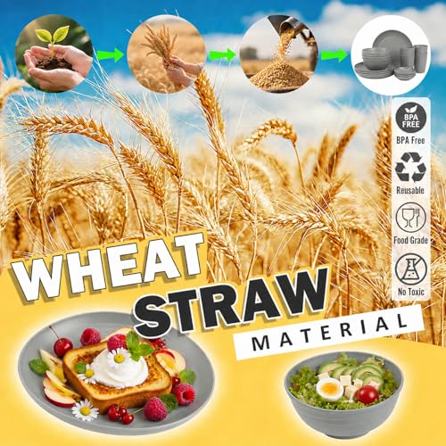Image of Kids Wheat Straw Dinnerware Sets for 4, 16 Piece Unbreakable Dinnerware Set, Kids Plates and Bowls Sets, Kitchen Plates and Bowls Set, Lightweight Dish Set for Party, Camping,RV - Grey