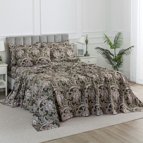 Image of Vintage Paisley Floral Green Percale Sheets, California King 100% Cotton Deep Pocket Boho Toile Bed Sheets, Soft Crisp Flower Print Farmhouse Sheet Set, Shabby Chic Designer Bedding, 4Pcs