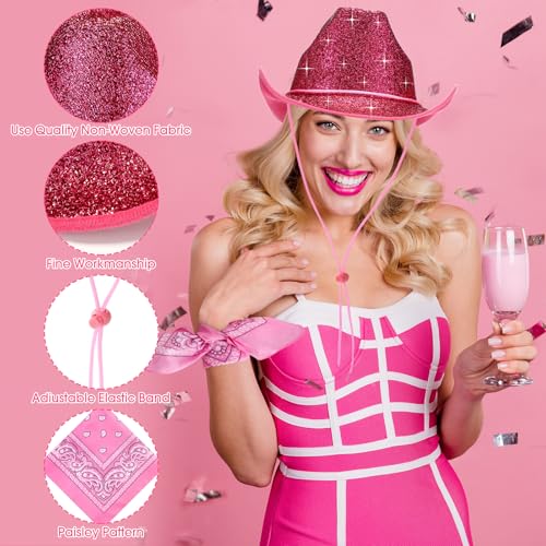 Image of Coume 12 Pcs Sparkly Adults Cowboy Hat and Bandanas Women Men Western Glitter Cowgirl Party Hats with Adjustable Drawstring