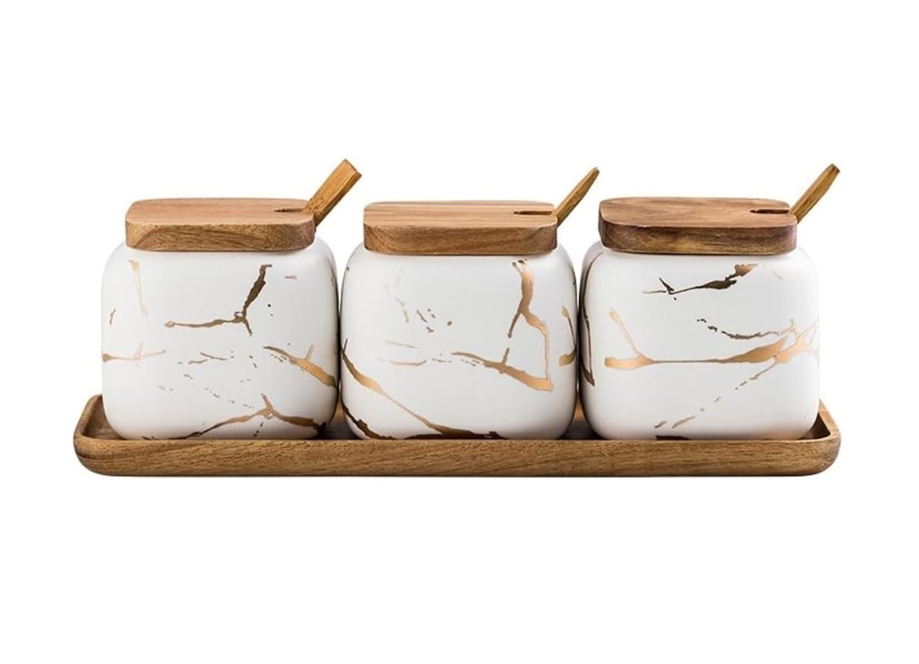 Salero Y Azucarero Cocina Juego De Recipientes Cerámica Para Condimentos Con Cuchara Y Tapa Bambú, Azucarero, Olla Para, Hogar Caja De Almacenamiento(White)