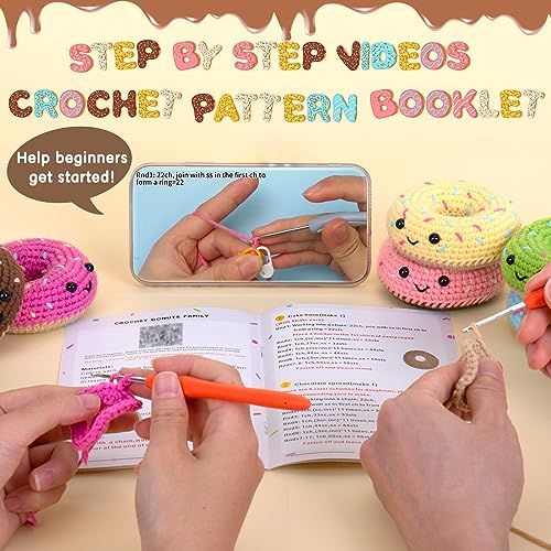 Image of Crochet Kit for Beginners, Beginner Crochet Starter Kit w Step-by-Step Video Tutorials, Learn to Crochet Kits for Adults & Kids, DIY Knitting Supplies, 6-Pack Donut Family(40%+ Yarn Content)
