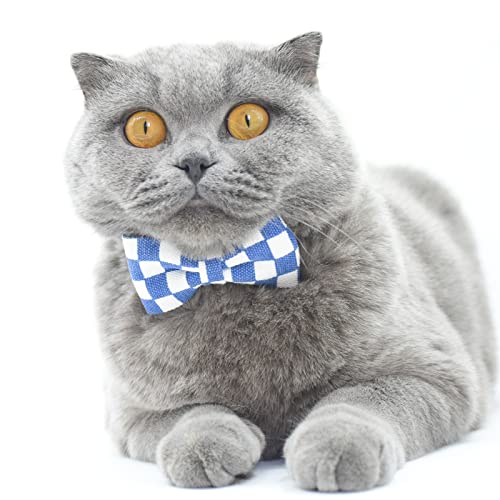 Image of Bowtie Cat Collars Breakaway with Bell, Adjustable Cute Kitty Collars Safety Buckle Kitten Collar for Cat Puppy 7.5-11in (Blue Plaid)