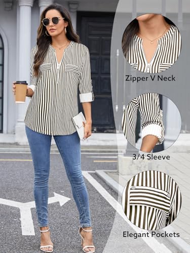 Image of Bulotus 3 /4 Length Sleeve Womens Striped Tops Zipper V Neck Collared Blouses Business Casual Tunics 2026 Spring Trendy