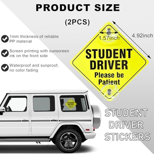 Image of Wevdn 2 PCS Student Driver Sign for Car Window, 5 inchx5 inch Please Be Patient New Driver Sticker with Suction Cups, Car Accessories (Black)