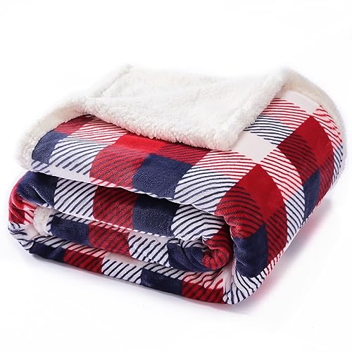 Touchat Sherpa Plaid Twin Blanket 60" X 70", Fuzzy Fluffy Soft Cozy Throw Blanket, Twin Size Plush Fleece Flannel Plush Microfiber Blanket for Couch Bed Sofa (Red Color)