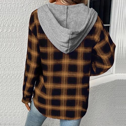 Women Plaid Hooded Shirt Drawstring Flannel Hoodie Jacket Casual Button Down Blouse Tops Fall Fashion Outfits3