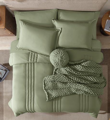 Image of Monbix Full Size Comforter Set - 7 Pieces Sage Bed in a Bag Full Size Bedding Sets with Comforters, All Seasons Comforter Bed Set with Sheets, Pillowcases & Shams