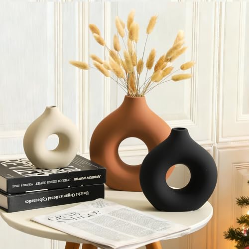 Ceramic Vase Home Table Decor - Flower Vases Set of 3 Small Living Room Centerpiece Decorations for Shelf Bedroom Office Kitchen Dining Desk Modern Aesthetic Farmhouse Decorative (Rust) - Image 4