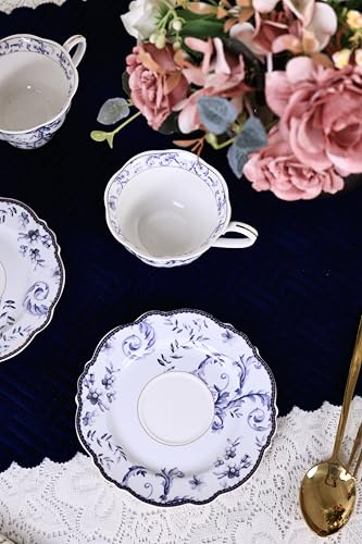 Image of Vigneto Floral Midnight Blue Cup and Saucer Set (Vintage Collection) for Tea /Coffee /Hot Drinks | Set of 6 Cup & 6 Saucers, 210 ML | Finest Premium Porcelain | Scratch Resistant | Chip Resistant