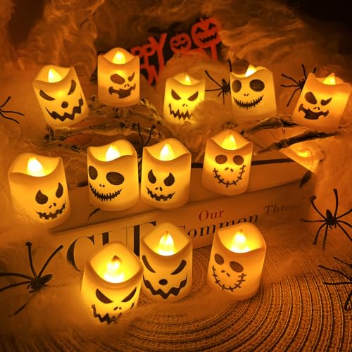12 Stück Halloween Licht LED Teelichter, Deko Halloween Laterne Flammenlose Teelichtkerzen mit Geisterausdruck, Halloween LED Votivkerzen,Kürbis...