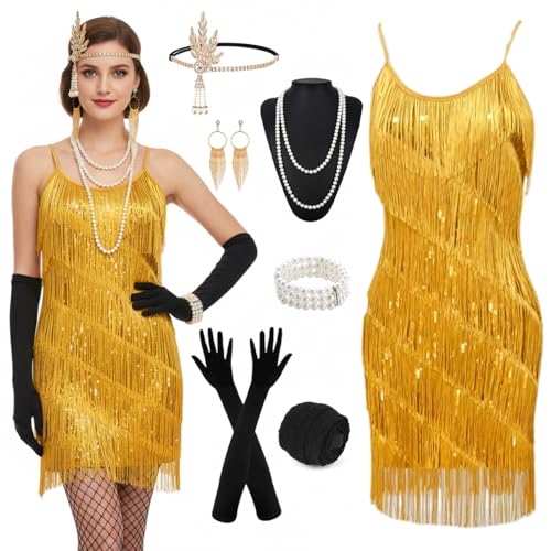 TOSZOLY 20er Jahre Kostüm Damen Set, 1920er Flapper Charleston Kleid mit Pailletten und Fransen, Gatsby Kleid Vintage Outfit Accessoires für...
