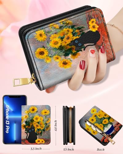 Image of Bistup Leather 12 Slot Accordion Card Holder Wallet, Cat Sunflower | Accordion Storage, Zipper Around Closure, Compact Patterned Wallet for IDs, Cards, Cash, Daily Carry and Gifts