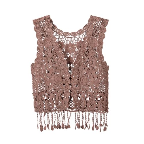 Image of Girls Crochet Vest Cardigan with Fringe V-Neck Sleeveless Boho Vest Hollow Out Cardigan