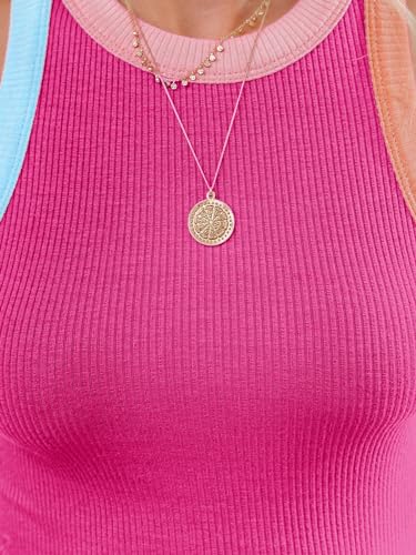 Image of siliteelon Womens Colorblock Racerback Crew Neck Casual Basic Ribbed Fitted Tank Top Sleeveless Camis
