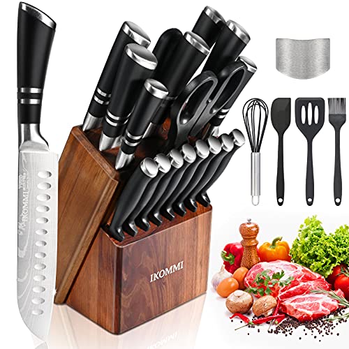 Knife Set with Block IKOMMI 23 pcs Kitchen Knives with Sharpener Damascus Texture  German High-carbon Steel Knives Set with Carving Fork Steak Knives High Carbon Full Tang Knives Set