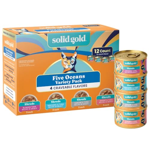 Image of Solid Gold Wet Cat Food Variety Pack Shreds in Gravy - Healthy Canned Cat Food Made w /Real Tuna & Fish Protein & Vitamins - Grain Free & Gluten Free Canned Meals for Cats & Kittens - 12ct /3oz Can