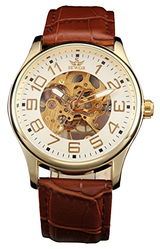 Preisvergleich Produktbild SEWOR Herren Analoge Mechanische Handaufzugwerk Mit Lederband SEW881 (Goldweiß)