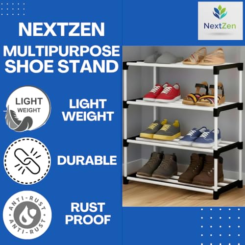 Image of NextZen 4 Layer Multipurpose Shoe Stand & Organizer Rack, Premium Plastic Multipurpose Shoe, Cloth & Book Storage Shelf for Home, Balcony, Living Room & Workspace
