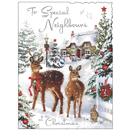 Jonny Javelin Christmas Card for Neighbours - Festive Deer Snow Scene - Foil & Flitter Finish - Premium Quality Special Christmas Greeting Card with Envelope