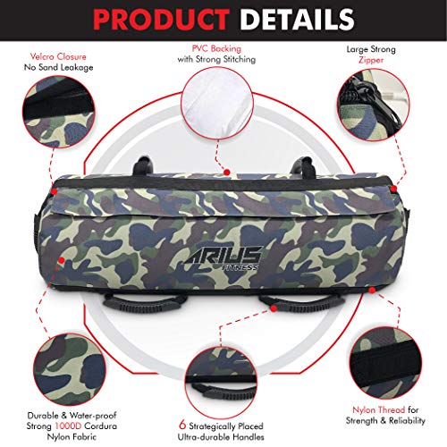 Arius Fitness Heavy Duty Workout Sandbag for Fitness with 3 Adjustable Filler Bags (10 to 60 lbs) and 6 Ultra Durable Handles, Tactical Training Weight Bags for Exercises and Military Conditioning