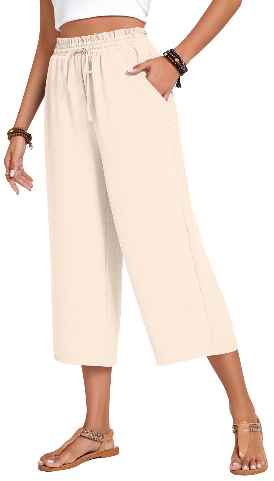 Anyhold Women's Capri Pants Drawstring Casual Palazzo Trousers with Pockets Loose High Waisted Wide Leg Lounge Pants