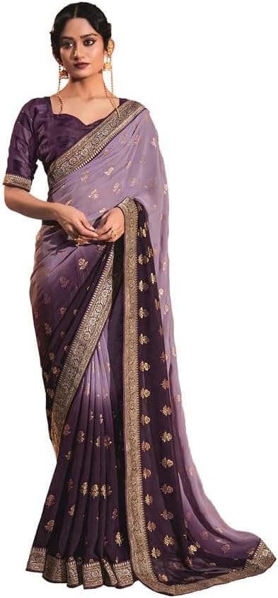 Women's Lace & Foil Printed Georgette Saree with Unstitched Blouse Piece