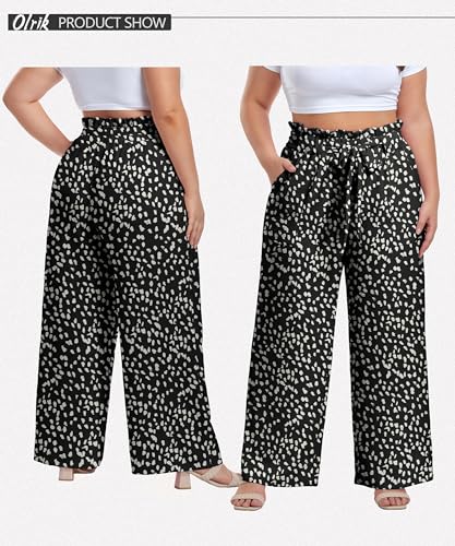 Image of OLRIK Women's Plus Size Pants Adjustable High Waisted Wide Leg Palazzo Pants Casual Trousers with Pockets Spring Clothes