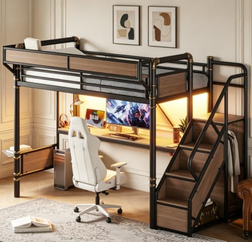 Image of Bellemave Twin loft Bed with Storage Stairs, Wardrobe, Shelves, Metal Twin Loft Bed Frame for Adults, Kids, Teens, Black+Natural Wood with Black Stairs