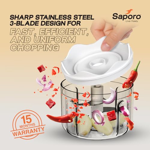 Image of Saporo Strike Mini Rechargeable Vegetable Chopper for Kitchen - One Touch Operation - 3 Stainless Steel Blades for Chopping Onion, Mincing Garlic, Nuts, Meats - 250 ml Capacity, Blue