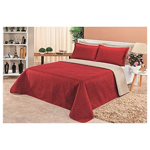 Cobre Leito Clara Casal Liso Dupla Face 3 Peças Matelado Ultrasônico Vermelho/Kaqui
