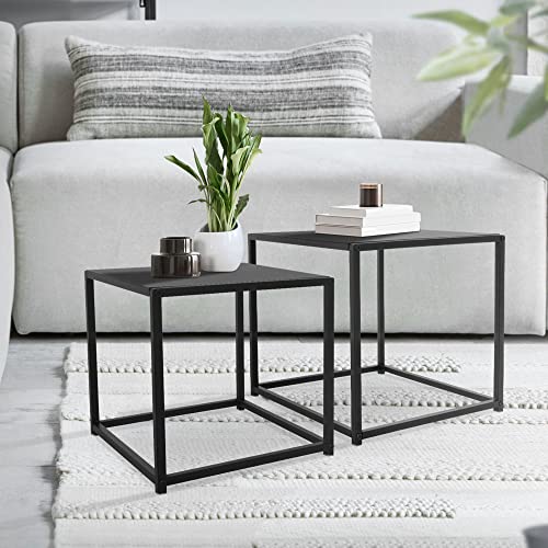 ML-Design Juego de 2 Mesas Auxiliares 35/40 cm Cuadradas Negro Mate Estructura de Metal Diseño Industrial Mesita de Centro para Café Velador para Salón Comedor Dormitorio 2 Tamaños Consola Decorativa