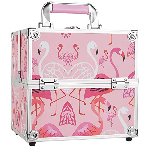 Frenessa Love Pink Flamingo Makeup Train Case Aluminum 4-Tier Trays Pink Lining with Lockable Keys Cosmetic Box Jewelry Storage Organizer Portable Travel Makeup Storage Box for Women and Girls