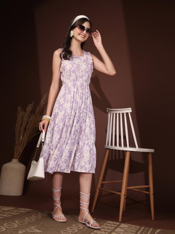 Image of Daevish New Rayon Floral Printed Flared Midi Dress for Women | Women Calf Length Dress