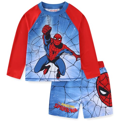 Marvel Spider-Man Boys UPF 50+ Rash Guard and Swim Trunks for Toddler and Big Kids Red/Blue