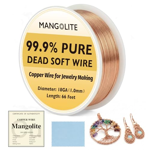 Mangolite 18 Gauge/1.0mm Copper Wire for Jewelry Making 66 Feet Single Spool with Polishing Cloth & COA 99.9% Pure Dead Soft Bare & Skin Safe Uncoated Craft Wire for Structural Support & DIY