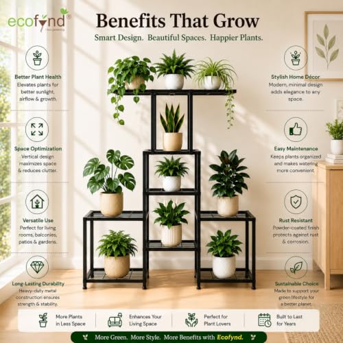 Image of ecofynd Koda Plant Stands for Outdoor Balcony, Flower Pot Stand for Indoor Plants, Large Metal Planter Stand for Living Room, Home Decor, Indoor & Outdoor Plants, 8 Tier (PS055-BLK)