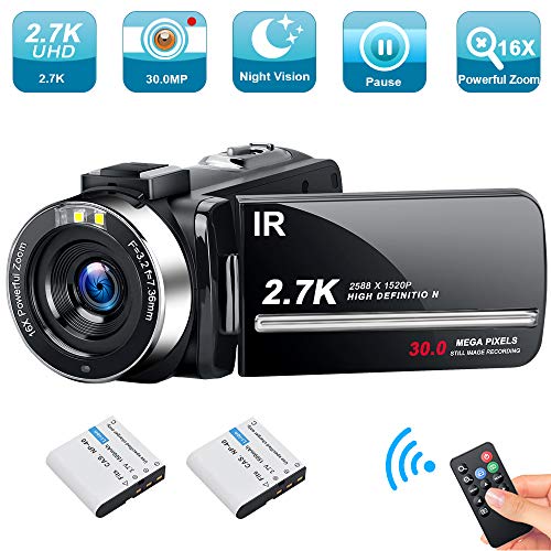 Video Camera Camcorder Weton 2.7K Ultra HD Digital YouTube Vlogging Camera 30MP IR Night Vision Digital Recorder 3.0 Inch 270 Degree Rotation Screen 16X Digital Zoom Camcorders with 2 Batteries