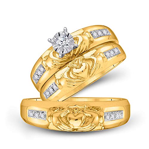 Juego de anillos de boda de oro amarillo de 14 quilates con diamante redondo Claddagh a juego para novia 1/8 Cttw