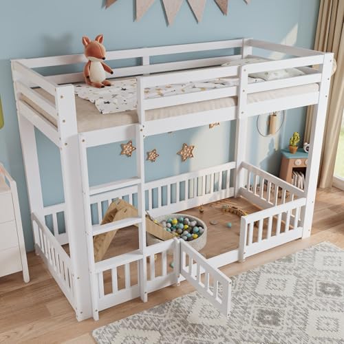 KOMHTOM Lit Superposé avec Échelle à Angle Droit, 90x200cm Lit d'enfant avec Barrières et Petites Portes,Bois Cadre de lit, Sommier à Lattes(sans Matelas)...